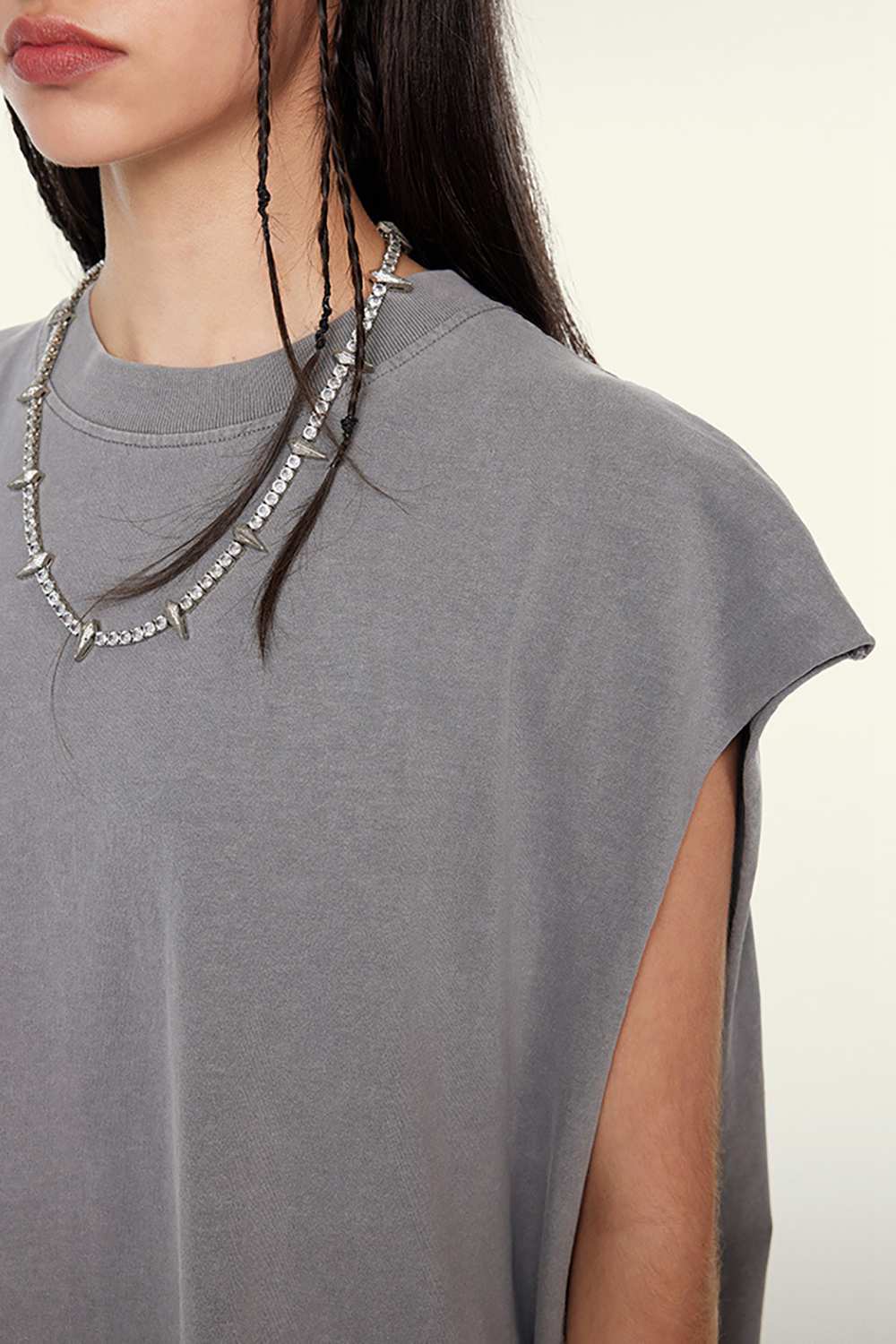 Washed Cotton Split-Hem Longline Tank Top in Medium Gray - fabric texture close-up