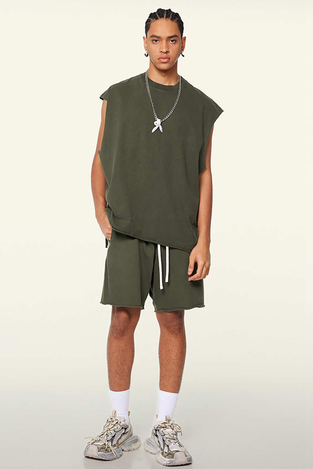 Washed Cotton Split-Hem Longline Tank Top in Military Green - full-length front modeled view