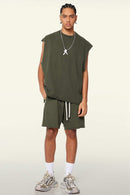Washed Cotton Split-Hem Longline Tank Top in Military Green - full-length front modeled view