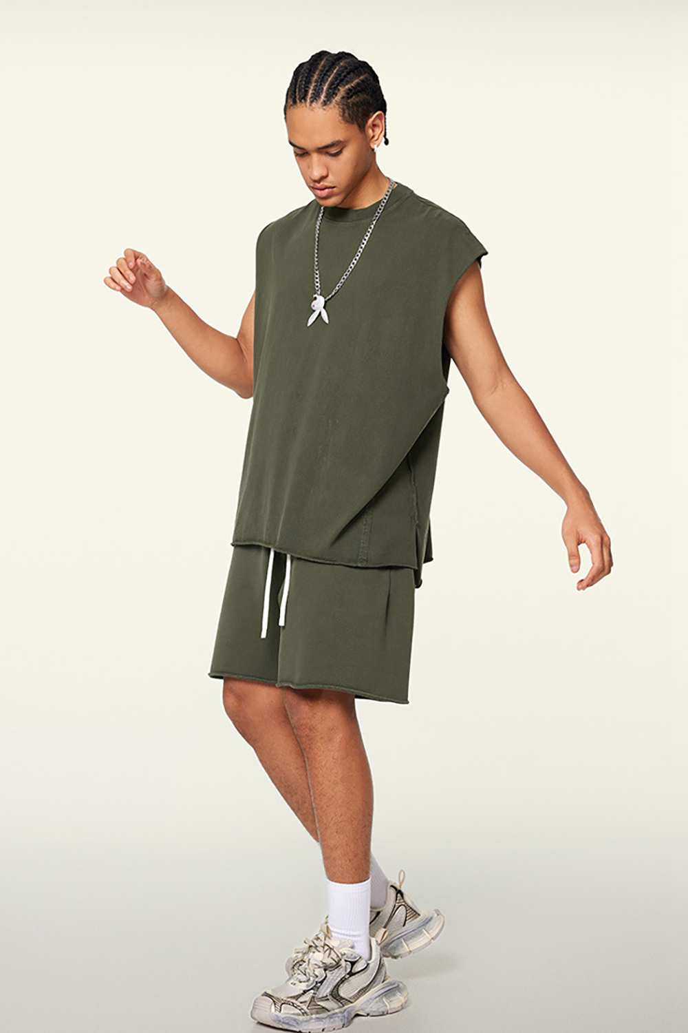 Washed Cotton Split-Hem Longline Tank Top in Military Green - full-length front modeled view