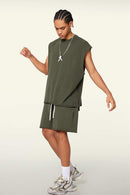 Washed Cotton Split-Hem Longline Tank Top in Military Green - full-length front modeled view