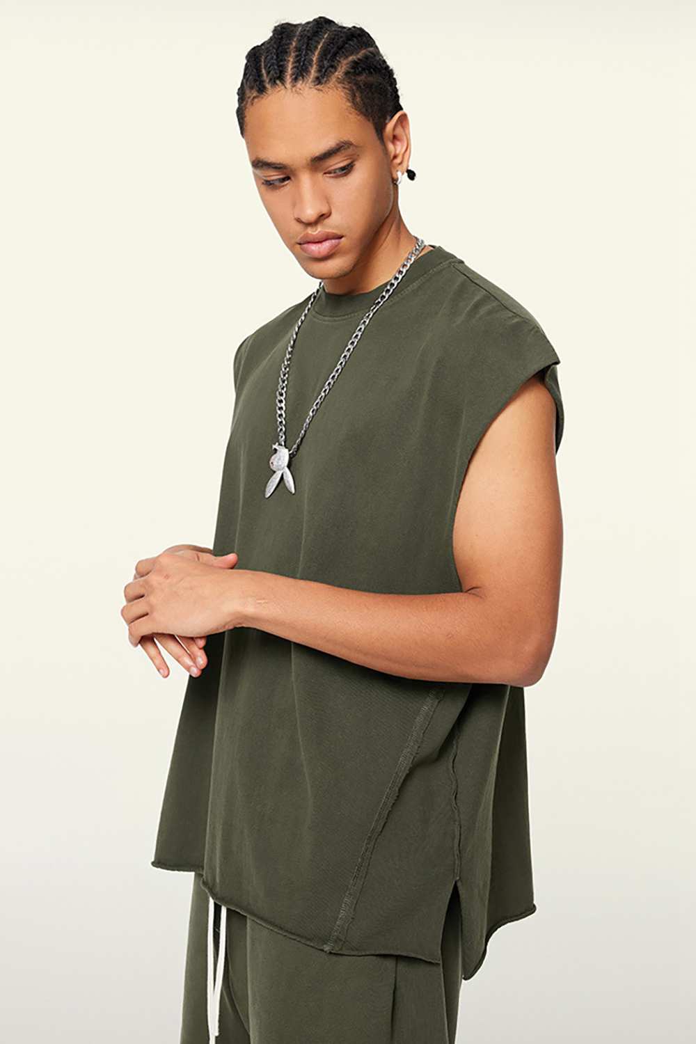 Washed Cotton Split-Hem Longline Tank Top in Military Green - full-length front modeled view