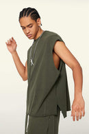 Washed Cotton Split-Hem Longline Tank Top in Military Green - fabric texture close-up