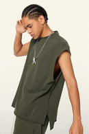 Washed Cotton Split-Hem Longline Tank Top in Military Green - fabric texture close-up