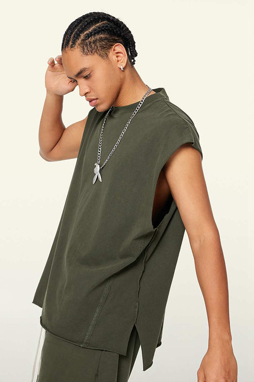 Washed Cotton Split-Hem Longline Tank Top in Military Green - fabric texture close-up
