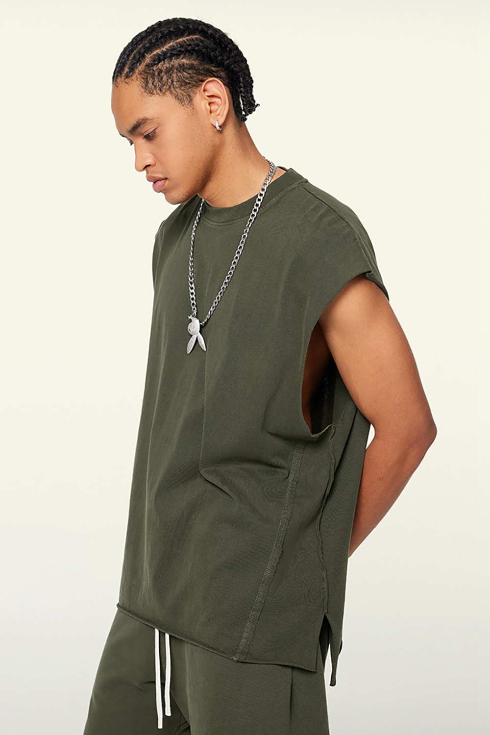 Washed Cotton Split-Hem Longline Tank Top in Military Green - three-quarter front modeled view