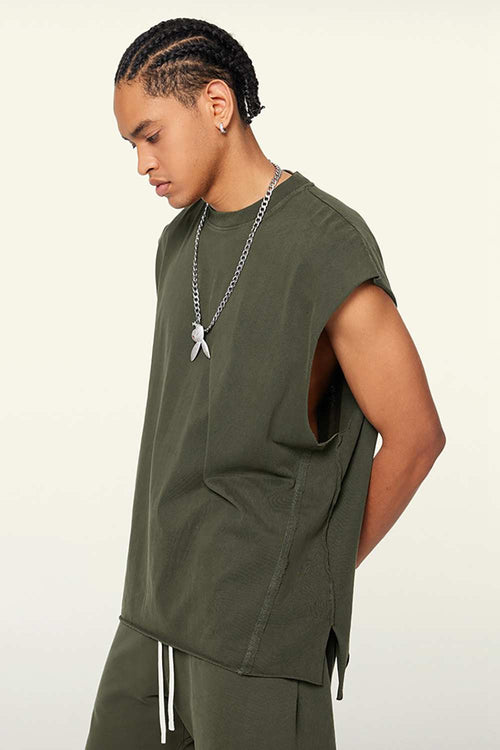 Washed Cotton Split-Hem Longline Tank Top in Military Green - three-quarter front modeled view