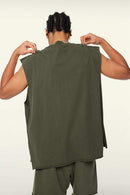 Washed Cotton Split-Hem Longline Tank Top in Military Green - three-quarter front modeled view