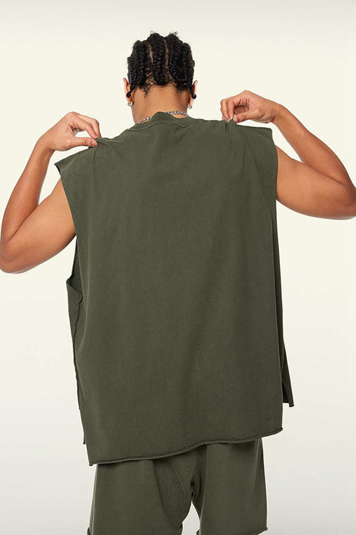 Washed Cotton Split-Hem Longline Tank Top in Military Green - three-quarter front modeled view