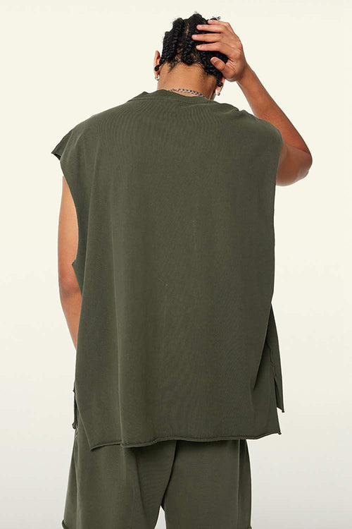 Washed Cotton Split-Hem Longline Tank Top in Military Green - fabric texture close-up