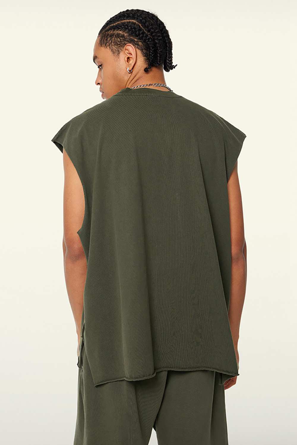 Washed Cotton Split-Hem Longline Tank Top in Military Green - fabric texture close-up