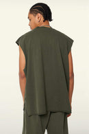 Washed Cotton Split-Hem Longline Tank Top in Military Green - fabric texture close-up