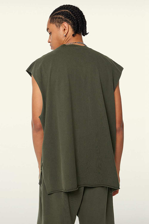 Washed Cotton Split-Hem Longline Tank Top in Military Green - fabric texture close-up