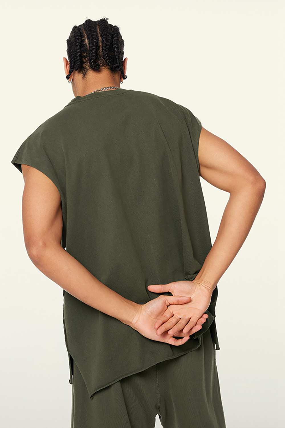 Washed Cotton Split-Hem Longline Tank Top in Military Green - back product view
