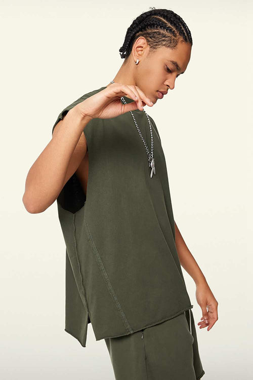 Washed Cotton Split-Hem Longline Tank Top in Military Green - back product view