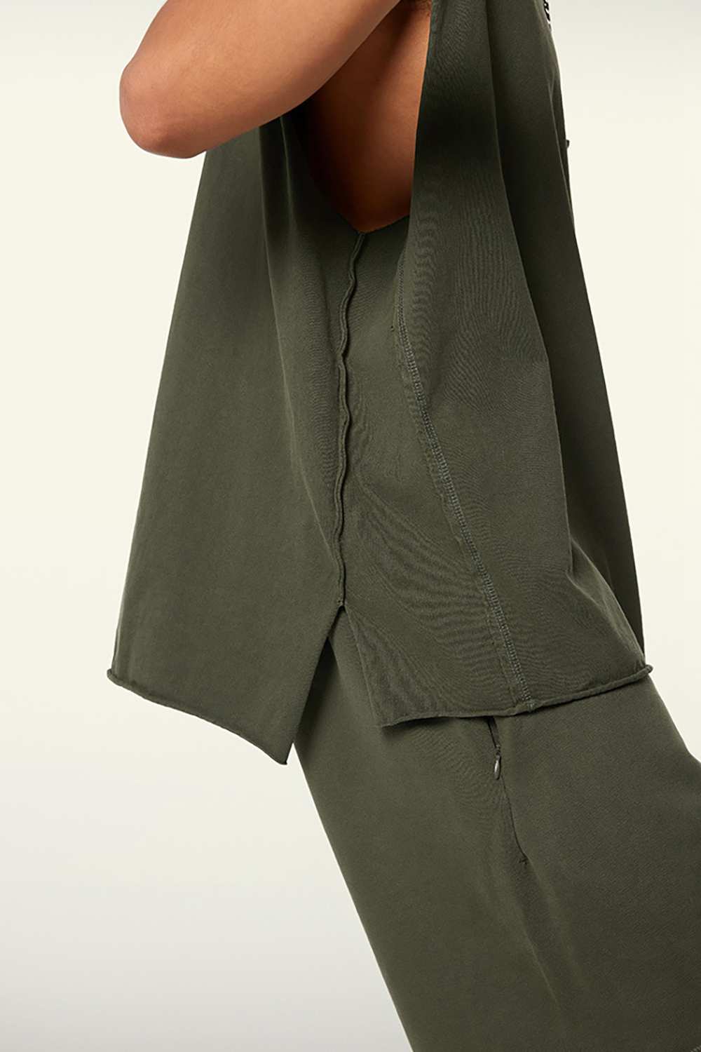Washed Cotton Split-Hem Longline Tank Top in Military Green - fabric texture close-up