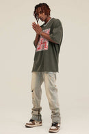 Reversible Washed Distressed Graphic Tee - Grayish Green