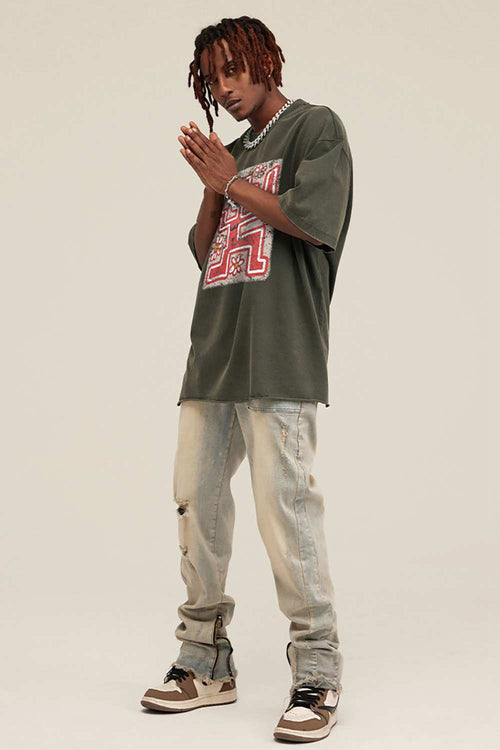 Reversible Washed Distressed Graphic Tee - Grayish Green