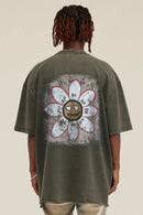 Reversible Washed Distressed Graphic Tee - Grayish Green