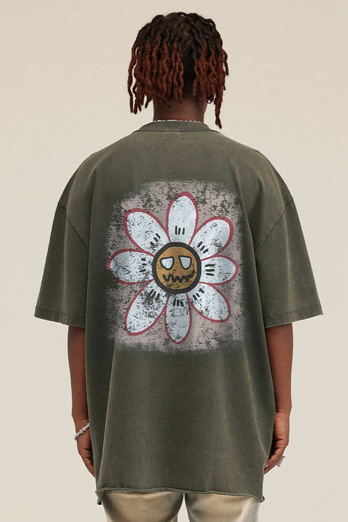 Reversible Washed Distressed Graphic Tee - Grayish Green