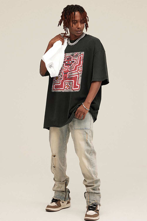 Reversible Washed Distressed Graphic Tee - Rust Black