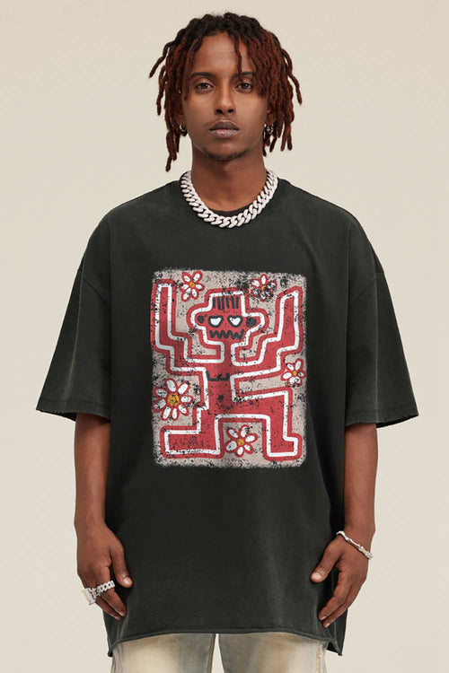 Reversible Washed Distressed Graphic Tee - Rust Black