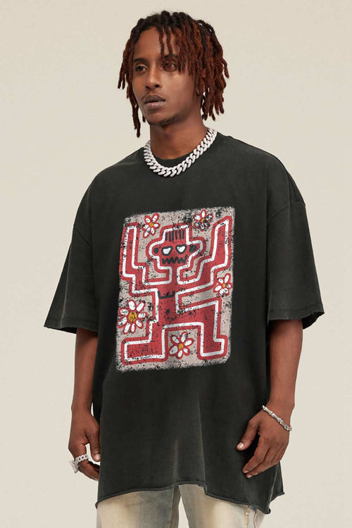 Reversible Washed Distressed Graphic Tee - Rust Black