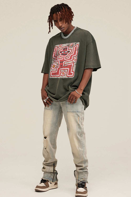 Reversible Washed Distressed Graphic Tee - Grayish Green
