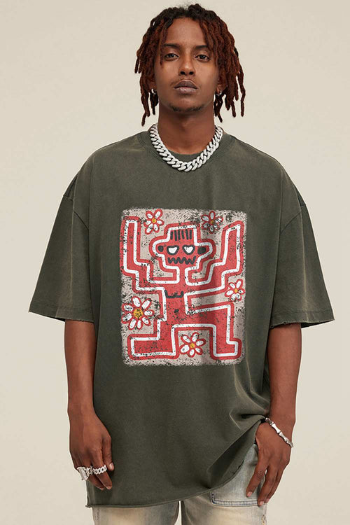 Reversible Washed Distressed Graphic Tee - Grayish Green