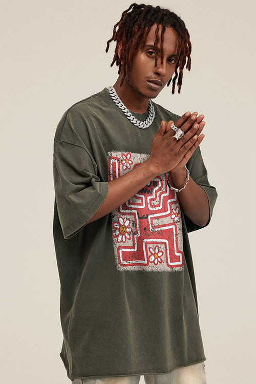 Reversible Washed Distressed Graphic Tee - Grayish Green