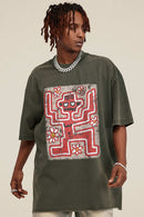Reversible Washed Distressed Graphic Tee - Grayish Green