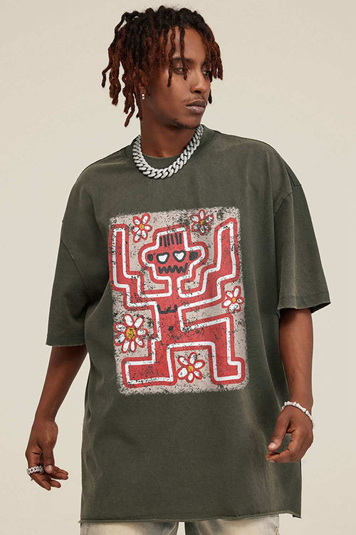 Reversible Washed Distressed Graphic Tee - Grayish Green