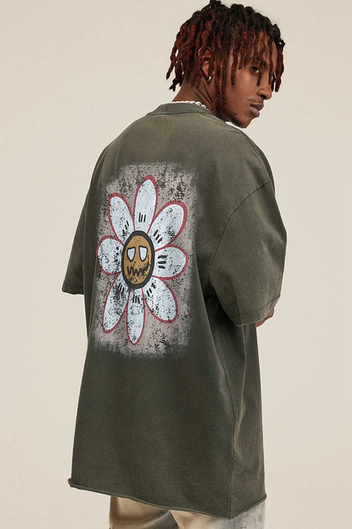 Reversible Washed Distressed Graphic Tee - Grayish Green