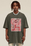 Reversible Washed Distressed Graphic Tee - Grayish Green