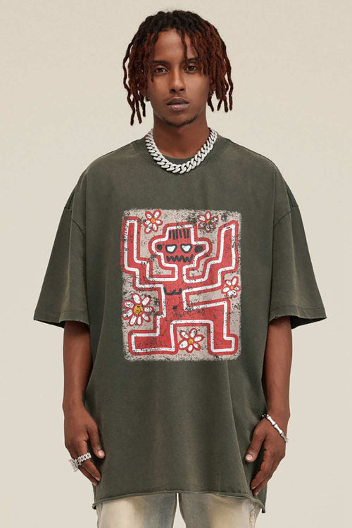 Reversible Washed Distressed Graphic Tee - Grayish Green
