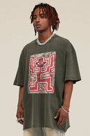 Reversible Washed Distressed Graphic Tee - Grayish Green