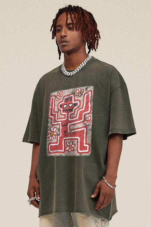 Reversible Washed Distressed Graphic Tee - Grayish Green