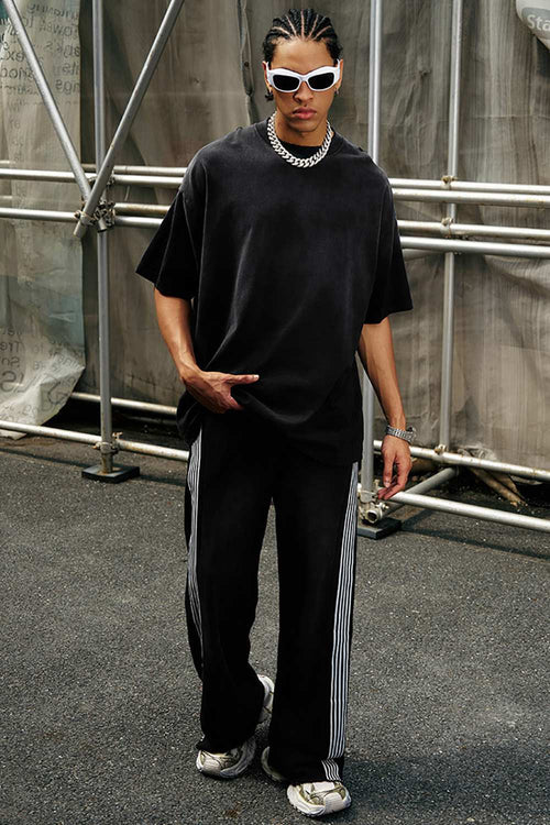 Breathable Gradient-Washed Relaxed Cotton T-Shirt in Black - full-length front modeled view