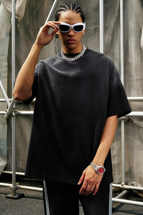 Breathable Gradient-Washed Relaxed Cotton T-Shirt in Black - front modeled close-up