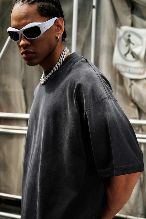 Breathable Gradient-Washed Relaxed Cotton T-Shirt in Black - product detail close-up