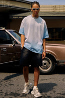 Breathable Gradient-Washed Relaxed Cotton T-Shirt in Blue - full-length front modeled view