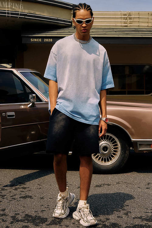 Breathable Gradient-Washed Relaxed Cotton T-Shirt in Blue - full-length front modeled view