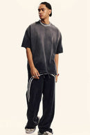 Breathable Gradient-Washed Relaxed Cotton T-Shirt in Dark Gray - full-length front modeled view
