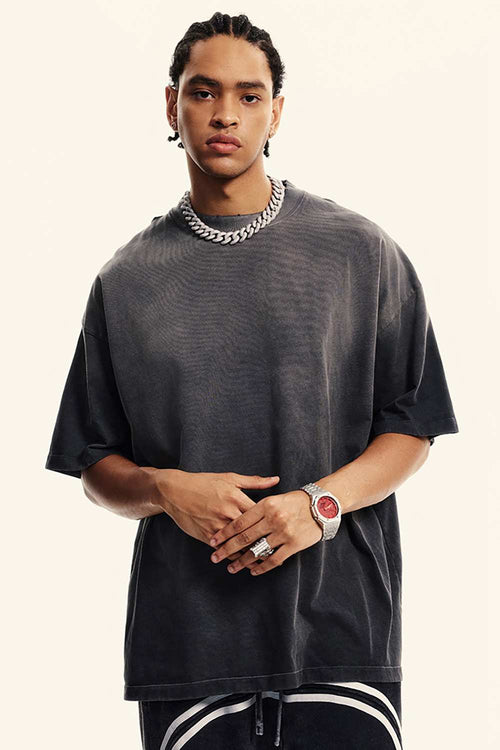 Breathable Gradient-Washed Relaxed Cotton T-Shirt in Dark Gray - product detail close-up