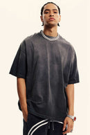 Breathable Gradient-Washed Relaxed Cotton T-Shirt in Dark Gray - front modeled close-up