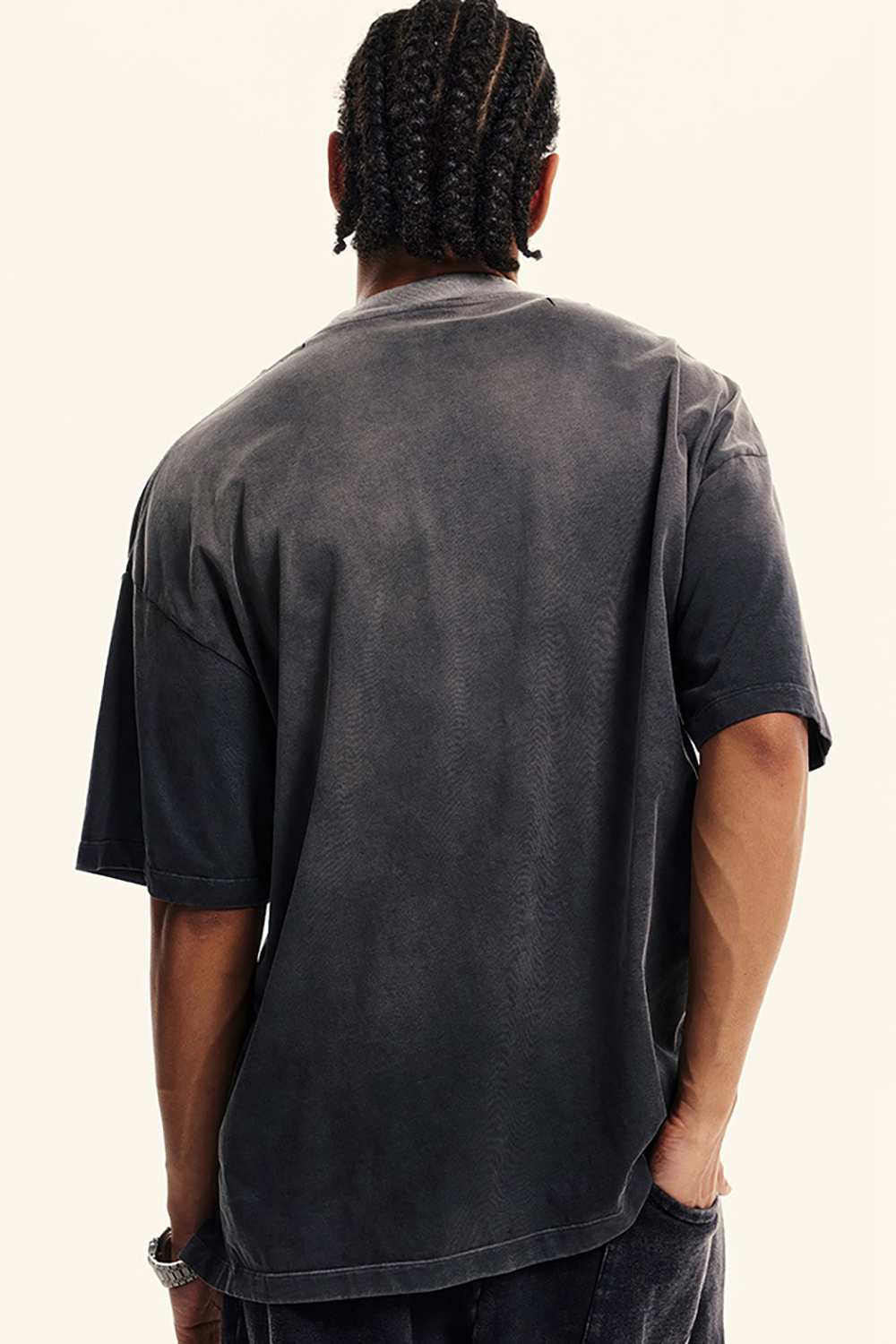 Breathable Gradient-Washed Relaxed Cotton T-Shirt in Dark Gray - back modeled view