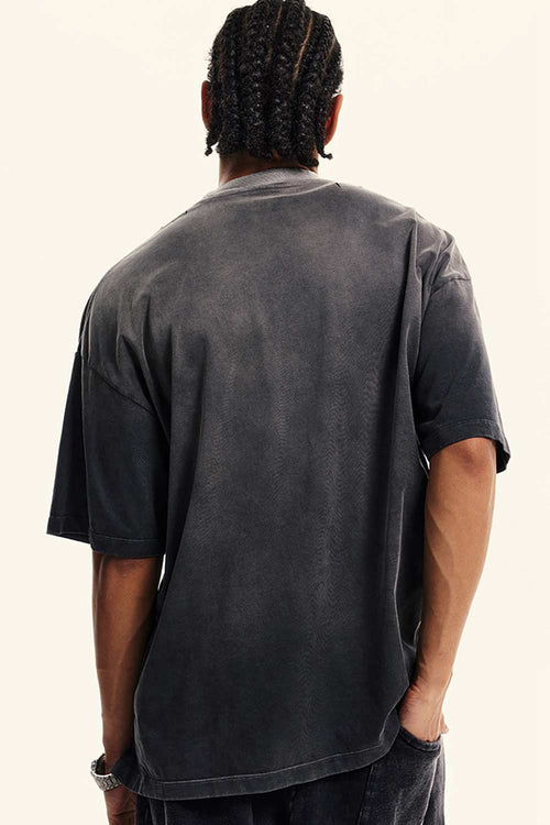Breathable Gradient-Washed Relaxed Cotton T-Shirt in Dark Gray - back modeled view
