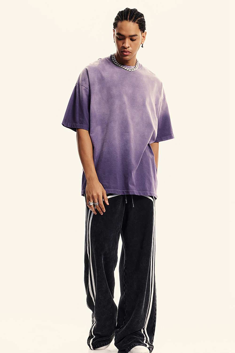 Breathable Gradient-Washed Relaxed Cotton T-Shirt in Grape Purple - full-length front modeled view