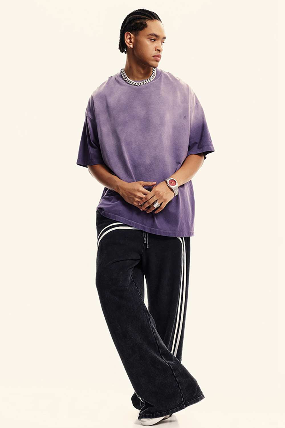 Breathable Gradient-Washed Relaxed Cotton T-Shirt in Grape Purple - full-length front modeled view