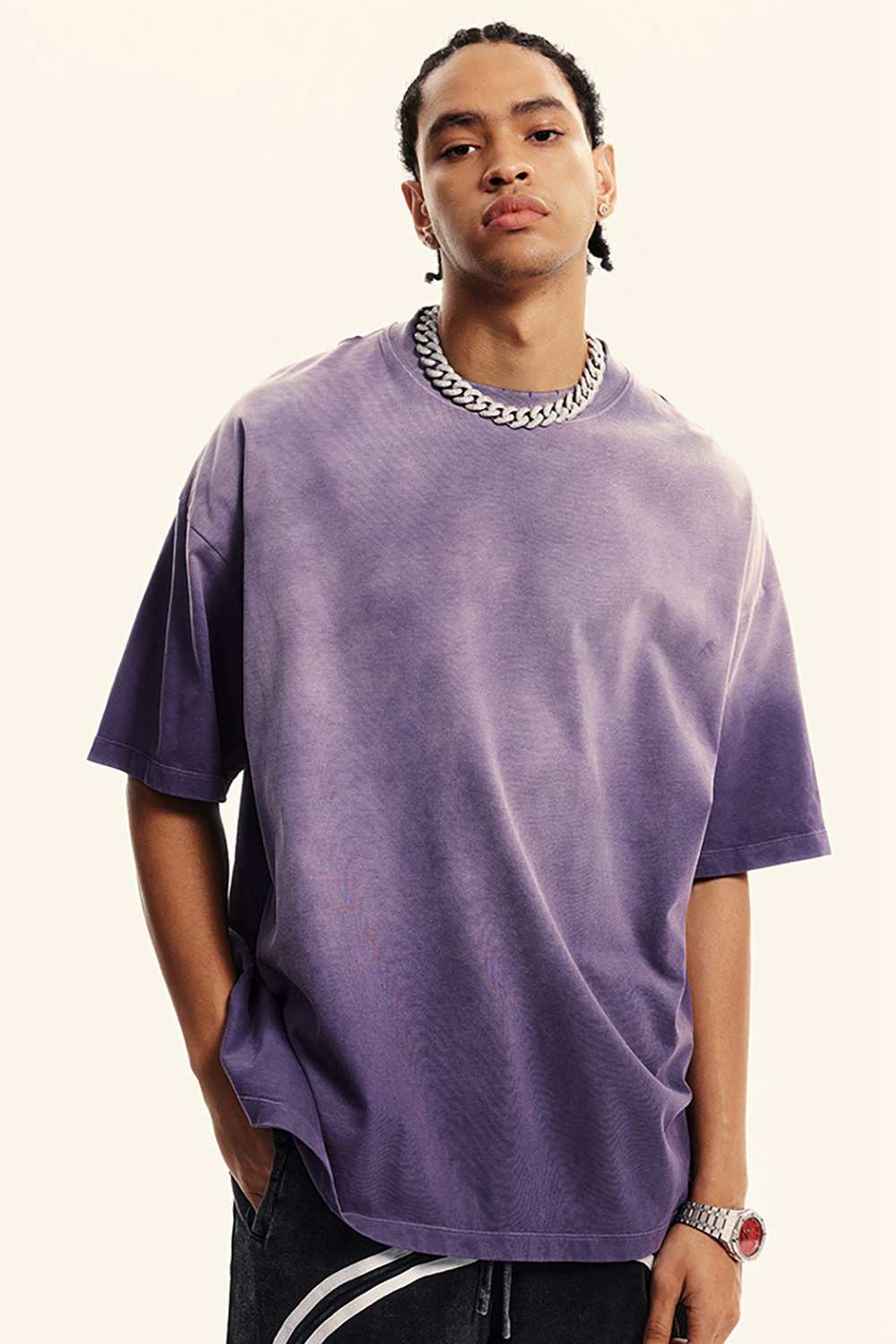 Breathable Gradient-Washed Relaxed Cotton T-Shirt in Grape Purple - front modeled close-up
